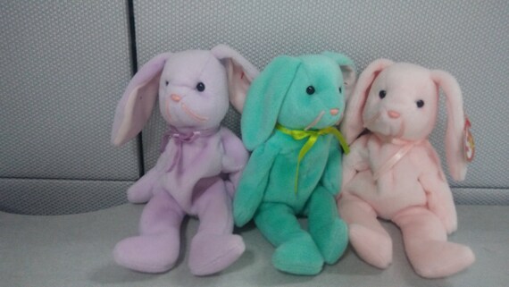 Ty Beanie Babies 3pc Tag Error Set 'Suface' And 'Origiinal'  Hippity,Hoppity and Floppity Pink,Green and Purple bunnies MWMTs