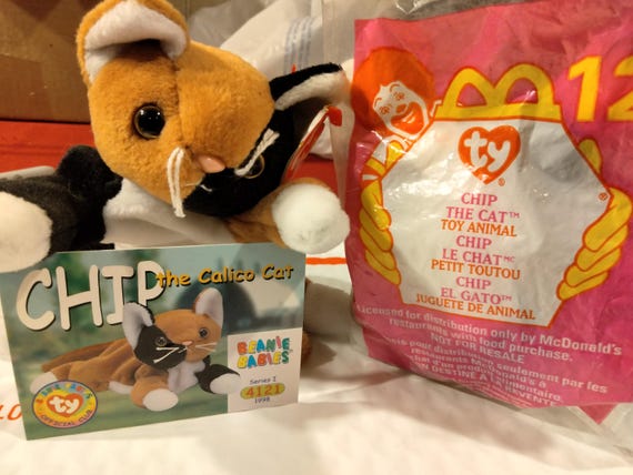 TY McDonald's Teenies and Beanie Babies Chip The Calico Kitty Cat 2 Pc. Set, Teenie still in original McDonald's packaging With Trading Card