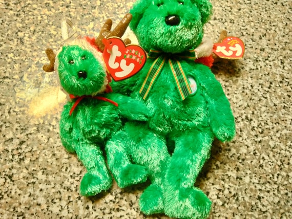 Ty Beanie Babies and Jingle Beanies 2002 Holiday Teddy Bears 2 pc. Christmas Bear Set (Green Bears with Burgundy Reindeer Antler Hoods)