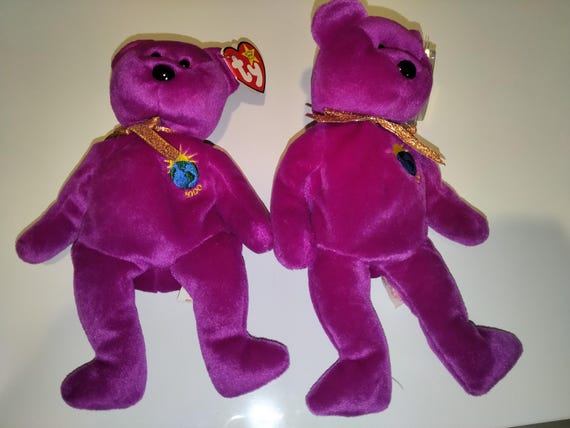 Ty Beanie Babies Millennium/Millenium The Purple Bear 2pc Set, One with misspelled Tush Tag, Also 'Gosport" Misspelled 'Gasport' On That One