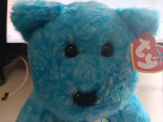 Ty Beanie Buddies  Classy Dark Blue Bear (With Ribbon Around Neck and #1 Button On Chest)