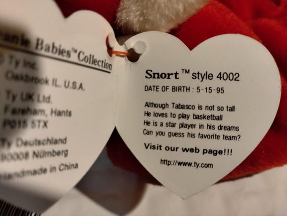 Ty Beanie Babies Snort, Wrong Name On Swing Tag! Snort/Tabasco with multiple RARE ERRORS! Double Tush tag, Poem errors, MORE!