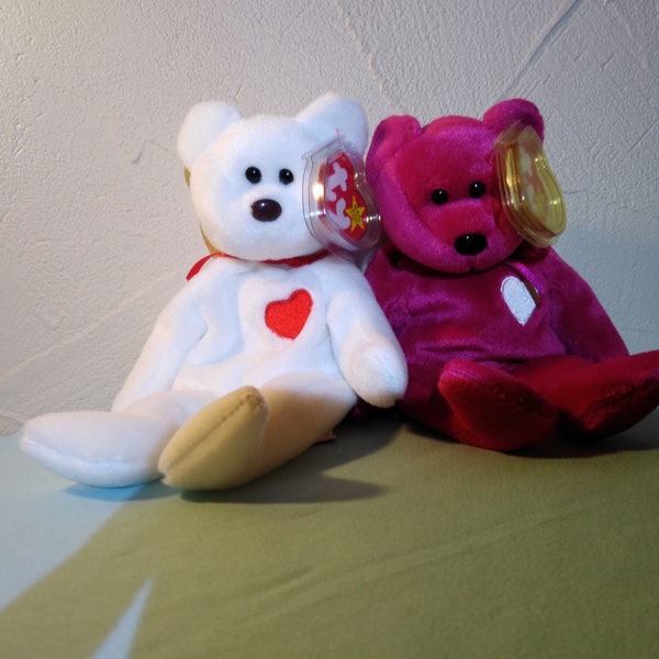 Ty Beanie Babies Valentino and Valentina Valentine's Day Couple Love Bears, Valentino with Tag errors, Purple and White Heart Bears