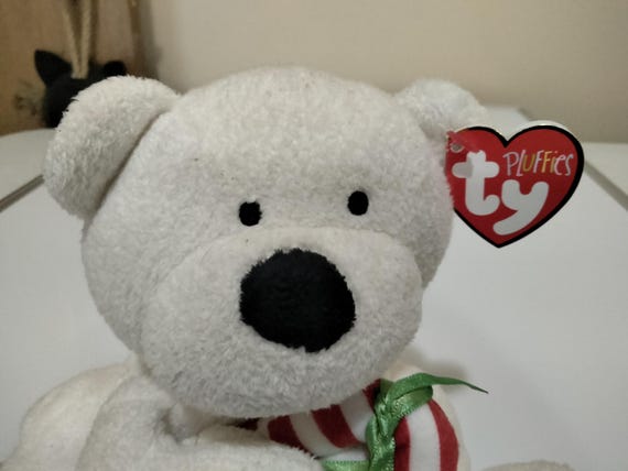 Ty Beanie Pluffies Candy Cane The White Christmas Polar Bear Holding Candy Cane  MWMTs