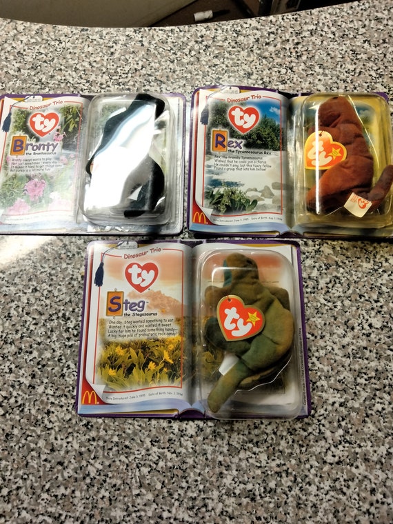 Ty McDonald's Teenies Steg, Rex and Bronty 3 Pc. Dinosaur Trio Set Still In original Cardboard Packaging (Happy Meal Beanie Babies Teenies)