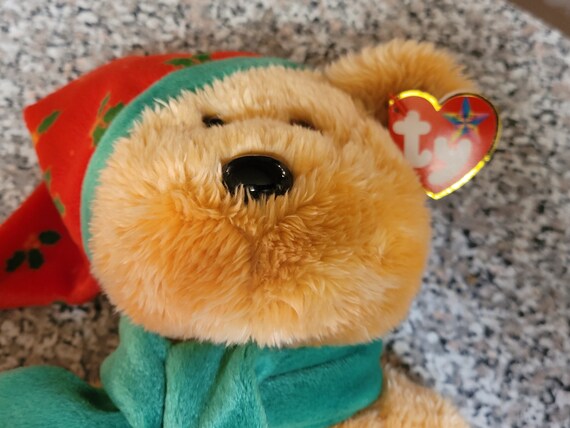 Ty Beanie Buddies 2003 Holiday Christmas Teddy With Stocking Cap And Green Scarf Around His Neck