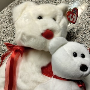 Ty Beanie Babies and Buddies Valentino 2 pc. Bear Set (Embroidered Heart On Chest, White and Red Bear