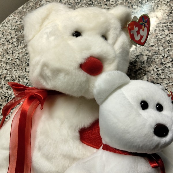 Ty Beanie Babies and Buddies Valentino 2 pc. Bear Set (Embroidered Heart On Chest, White and Red Bear