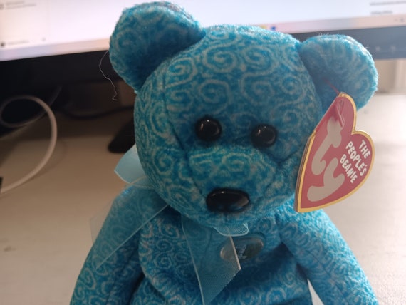 Ty Beanie Babies  Classy Dark Blue Bear (With Ribbon Around Neck and #1 Button On Chest)