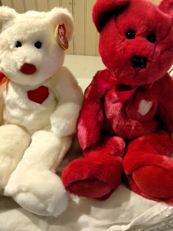 TY Beanie Buddies Valentino The White Bear AND Valentina The Purple Bear Love Bears 2 pc. Set (Both with Hearts embroidered on chests)