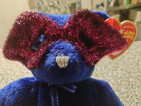 Ty Beanie Babies Mardi Gras Royal Blue Bear With Burgundy Sparkly Mask