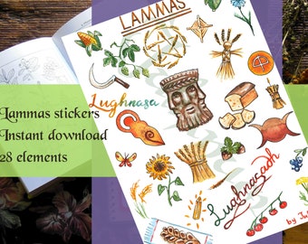 Printable Lammas stickers, Lughnasadh planner, downloadable Lammas book of shadows, witch stickers, Witchy Wiccan Grimoire Bullet Journal