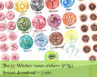 Printable 13 witches' runes stickers, witches runes clipart, Samhain divination, Witchy Wiccan Grimoire Bullet Journal, Book of shadows