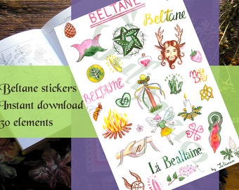 Printable Beltane stickers, Beltain planner, downloadable May pole book of shadows, witch stickers, Witchy Wiccan Grimoire Bullet Journal