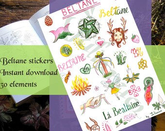 Pegatinas de Beltane imprimibles, planificador de Beltain, libro de sombras del polo de mayo descargable, pegatinas de brujas, Witchy Wiccan Grimoire Bullet Journal