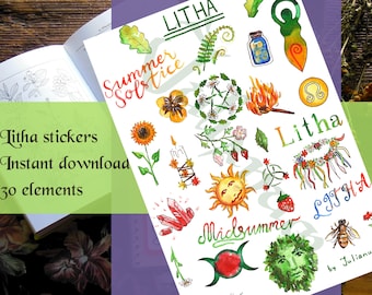 Printable Litha stickers, Summer solstice planner, downloadable Litha book of shadows, witch stickers, Witchy Wiccan Grimoire Bullet Journal