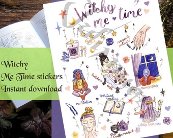 Printable witchy me time stickers, witches self care clipart, mystical spa, Witchy Wiccan Grimoire Bullet Journal, Book of shadows planner