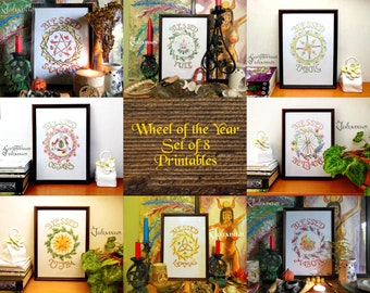 DIY Wheel of the Year prints set of 8, Wheel of the Year decoration, Wiccan decor, witch accessory, Wiccan altar, witch supplies, Yule Litha