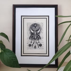 Moon moth printable art, moth wall art, butterfly print, moth downloadable, moon print, witchy art, night forest art, black and white moth