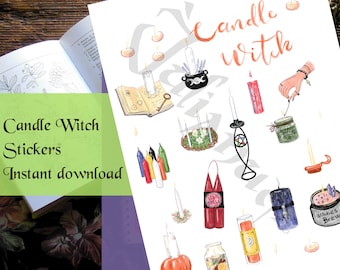 Printable Candle Witch stickers, witches candles clipart, mystical spa, Witchy Wiccan Grimoire Bullet Journal, Book of shadows planner spell