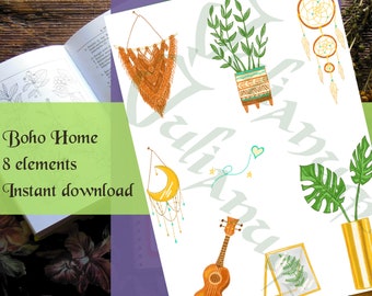 Printable Boho home stickers, boho room clipart, cozy indoors, hippie Bullet Journal, gypsy décor planner, boho home cute relaxing