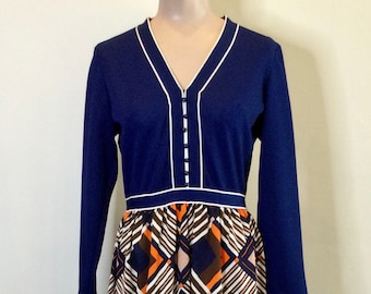 1970s Mod Navy & Orange Geometric Print V-Neck Maxi Dress