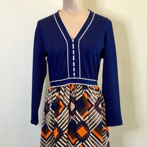 1970s Mod Navy & Orange Geometric Print V-Neck Maxi Dress