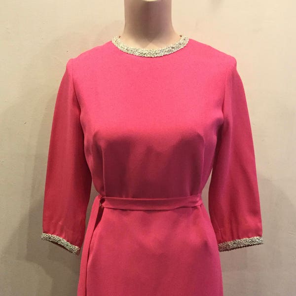 Pink with Silver Trim Vintage "Linda Jane" Dress Vintage 1960's Zipper in Back