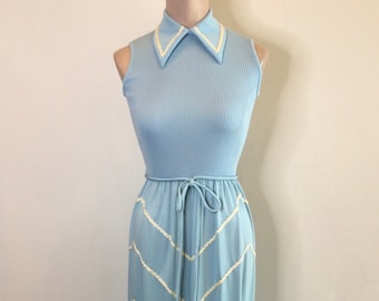 1970s Baby Blue Collared Sleeveless Maxi Dress by Ayres Unlimited Size 8