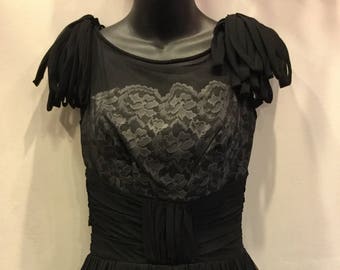 1950's Black Chiffon and White Lace Bodice Size Small