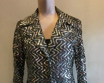 Sequin Zig Zag Jacket Silver Vintage 1970's Wide Collar Disco Studio 54