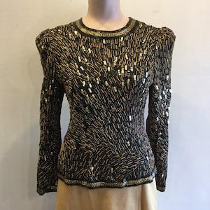 Black & Gold Sequin 100% Silk Top Size M