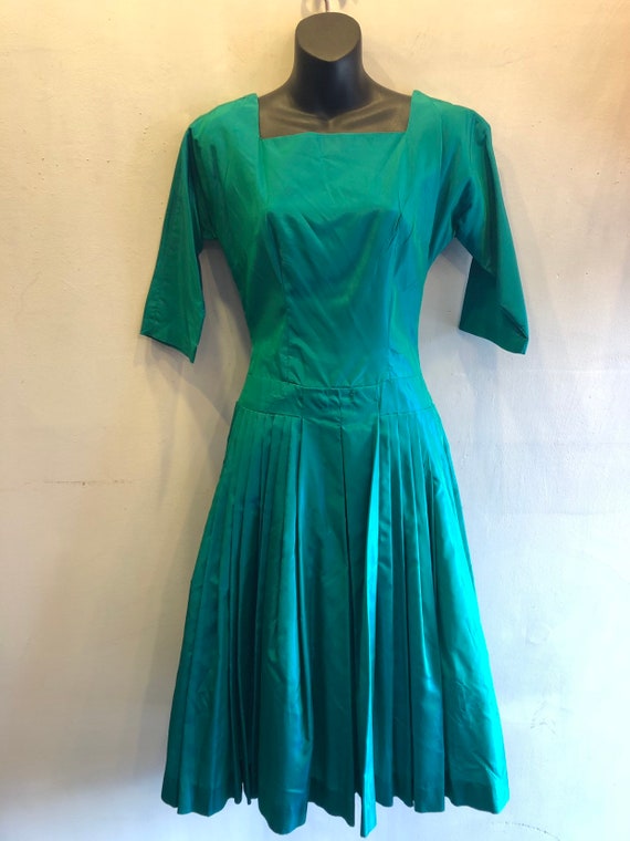 Blue Green 1950's Taffeta Shimmer Dress