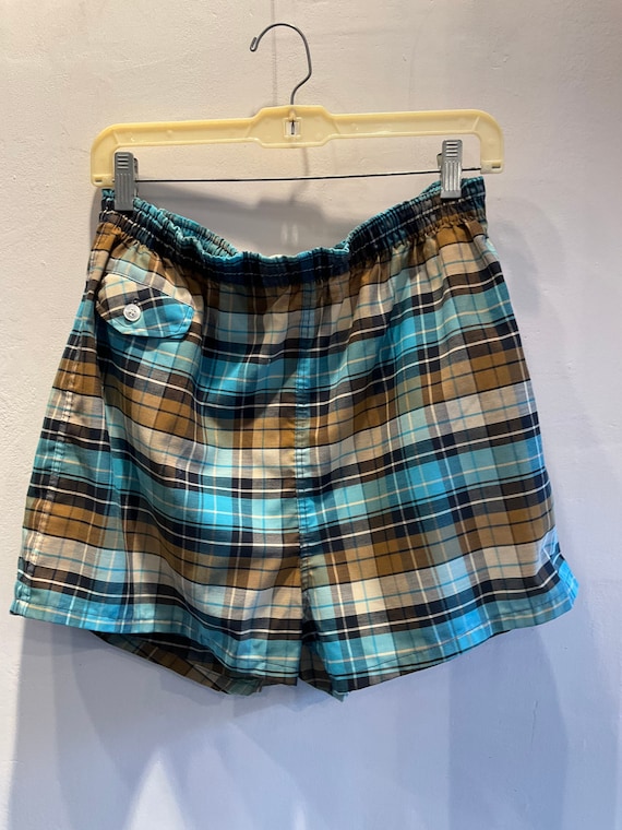 Turquoise, Brown, Black Plaid Swim Trunks Sears