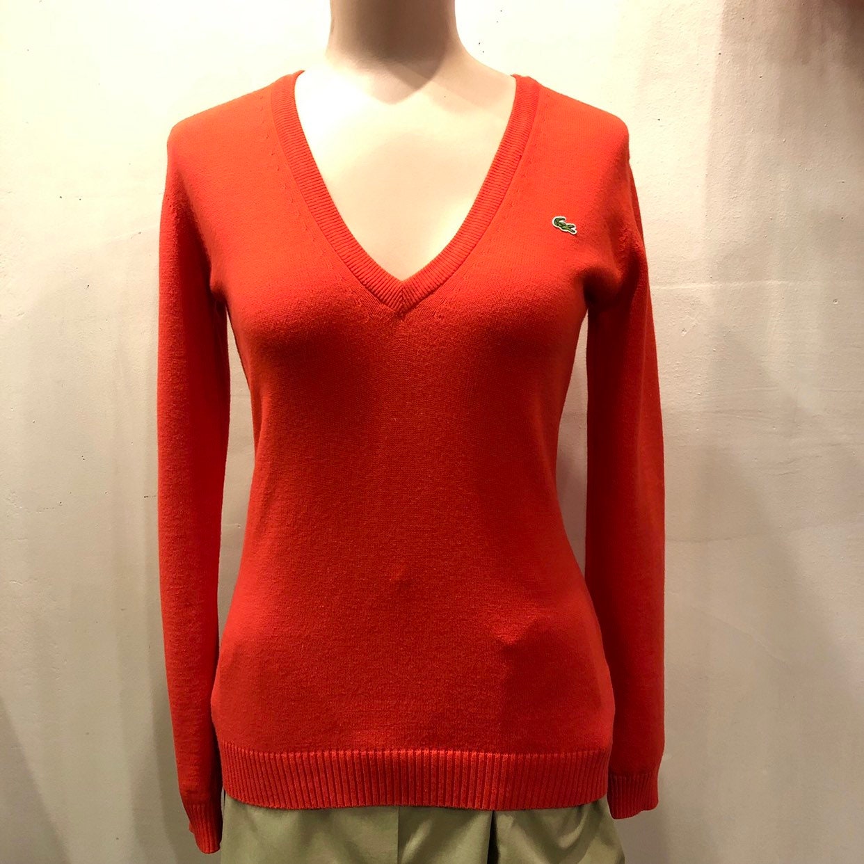 Red Lacoste V-neck Sweater Made in France Size 40 European