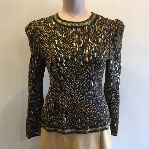 Black & Gold Sequin 100% Silk Top Size M - image 1