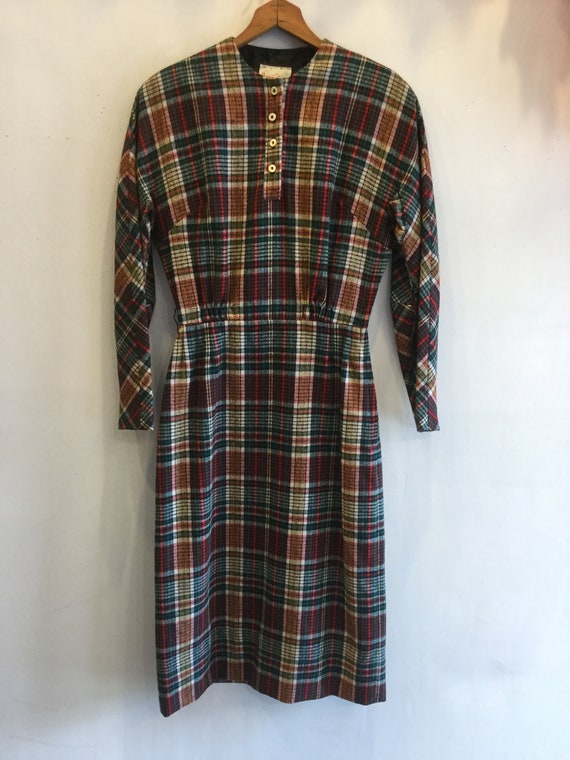 1950s Lovely Plaid Wool Dress With Hood-Hat, Made… - image 2