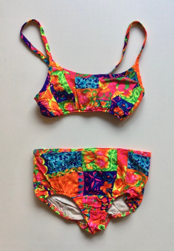 1960s Neon Day Glo Floral Print Two Piece Bikini … - image 4