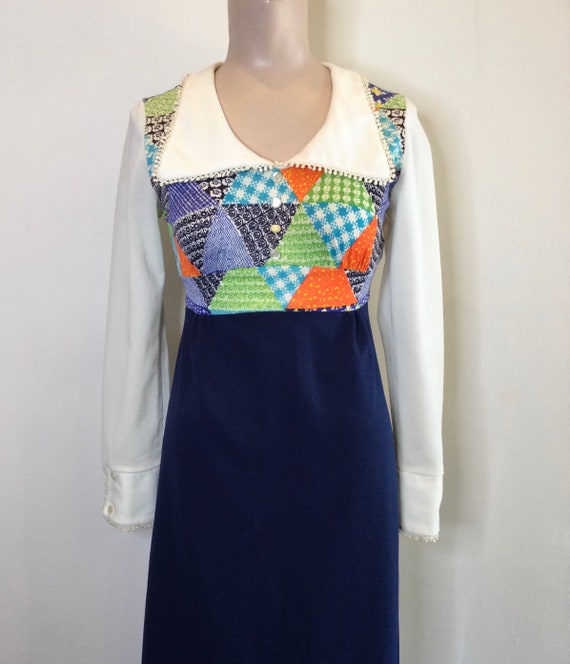 1970s Multicolored Patchwork Pilgrim Collar Maxi … - image 1