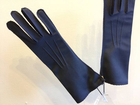 Vintage 1950's Harms Navy Blue Nylon Gloves Origi… - image 2