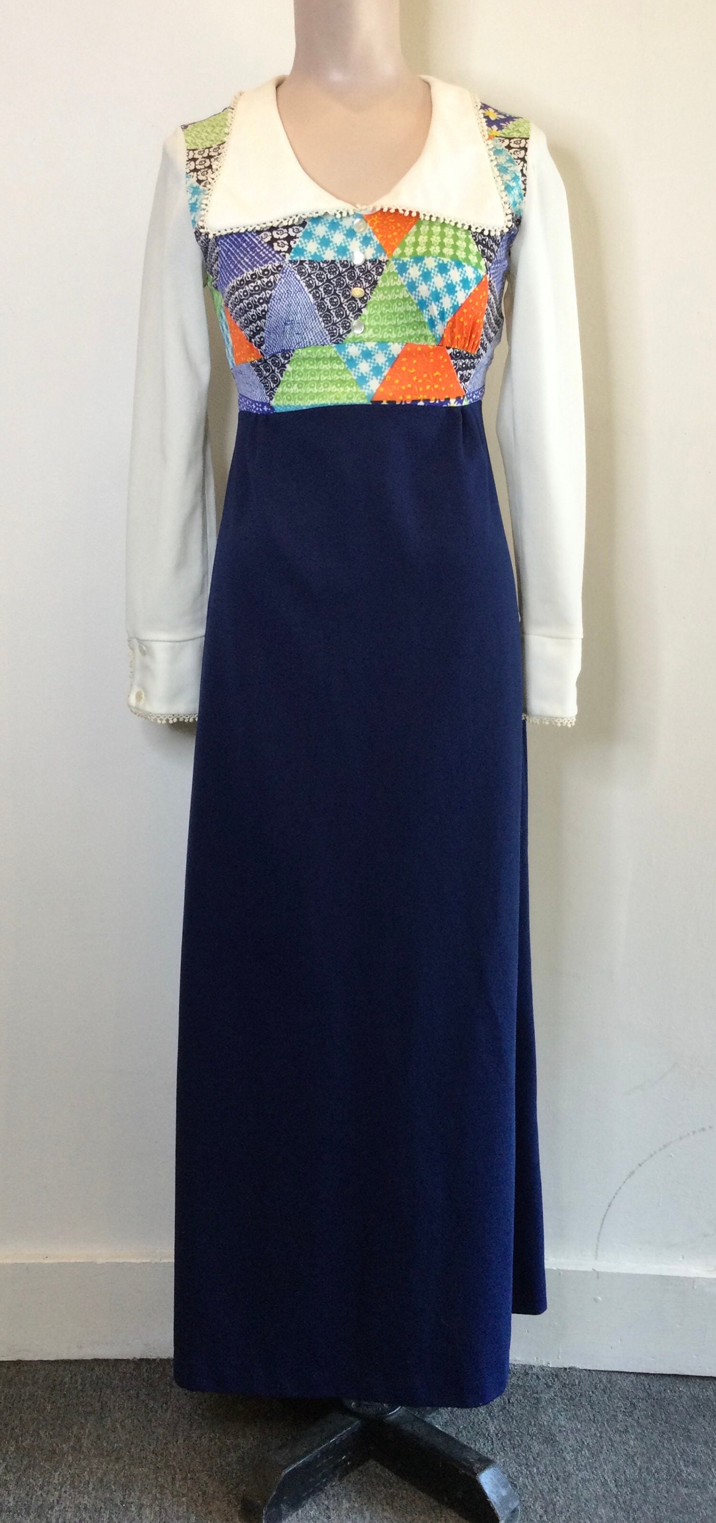 1970s Multicolored Patchwork Pilgrim Collar Maxi Dress Size - Etsy