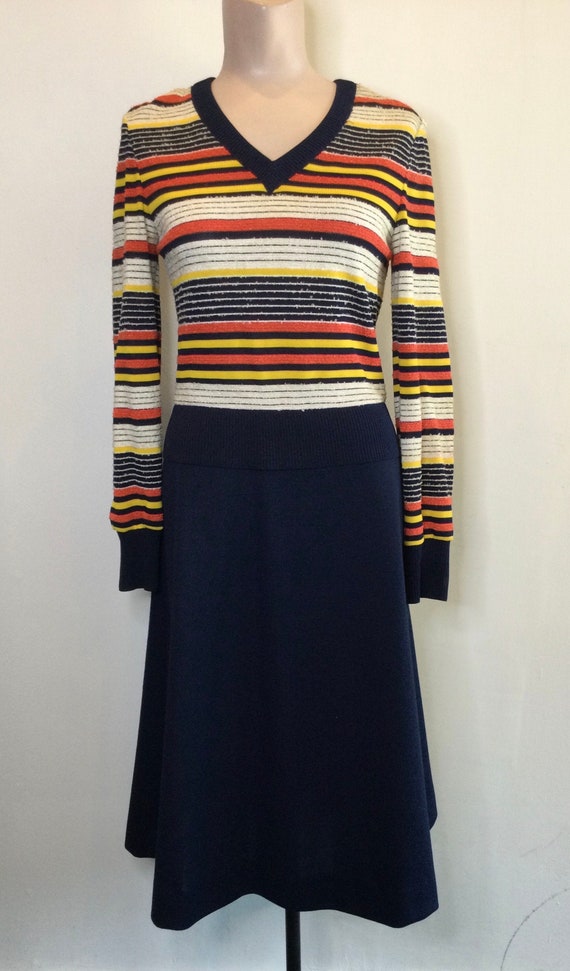 1970s Striped Knit Long Sleeve Midi A-Line Dress b