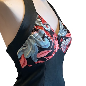 Black Maxi Dress Tropical Flowers on Top 1970s