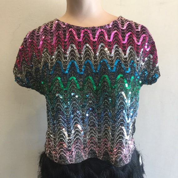 Disco Zig Zag Sparkle 1980 s Sequin Crop Top Rhoda L Gem