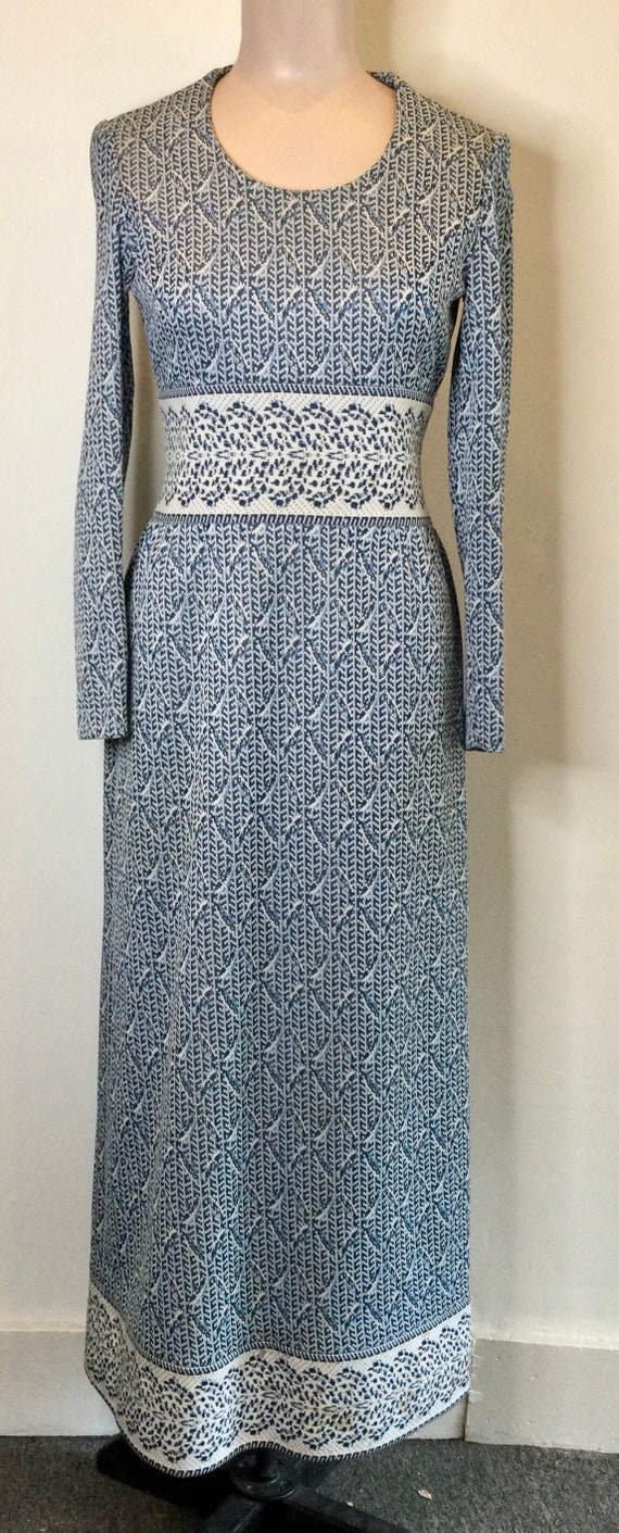 1970s Long Sleeve Maxi Dress by Tannel Blue & Whi… - image 1