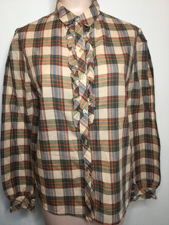 Vintage Ladies Plaid Ruffle Blouse 1960s - Gem