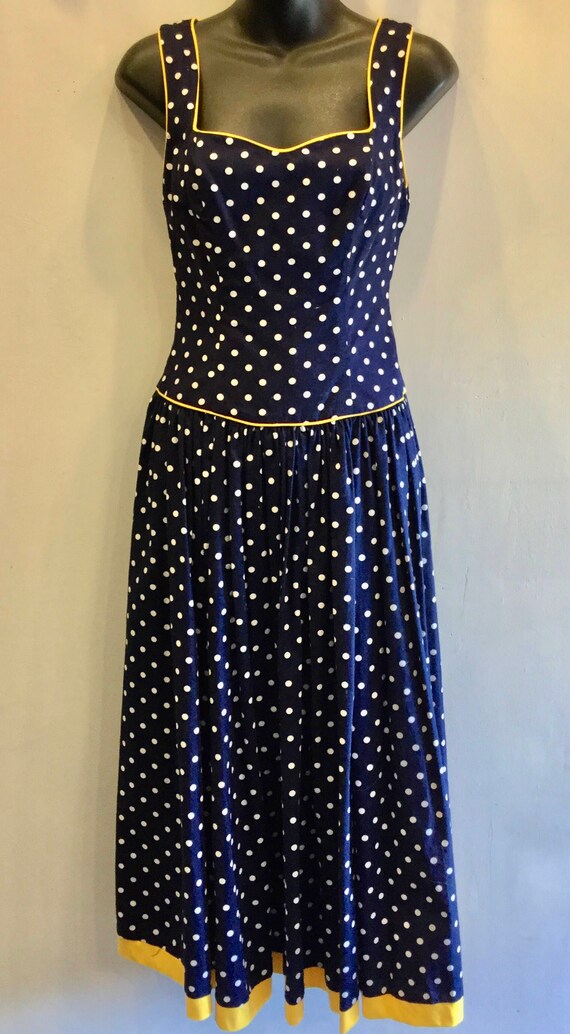 navy blue and white polka dot dress