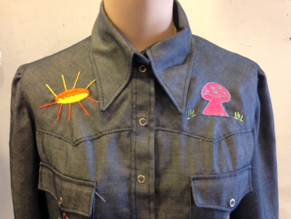 Denim jacket 1970s Embroidered Mushroom Hand Embro