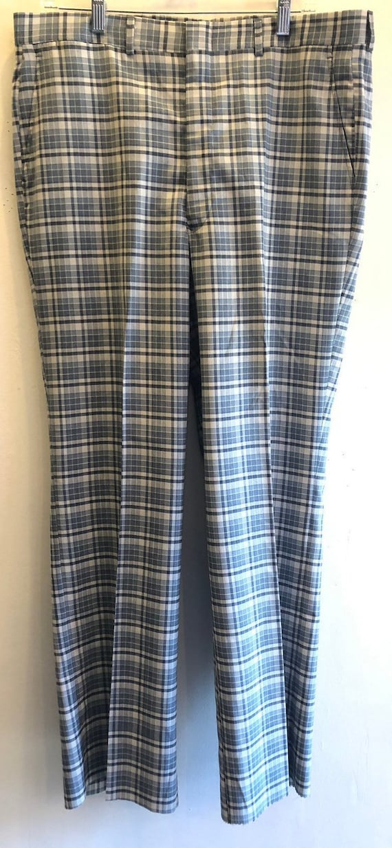 Men's Vintage Trousers Light Gray Blue Plaid Pants