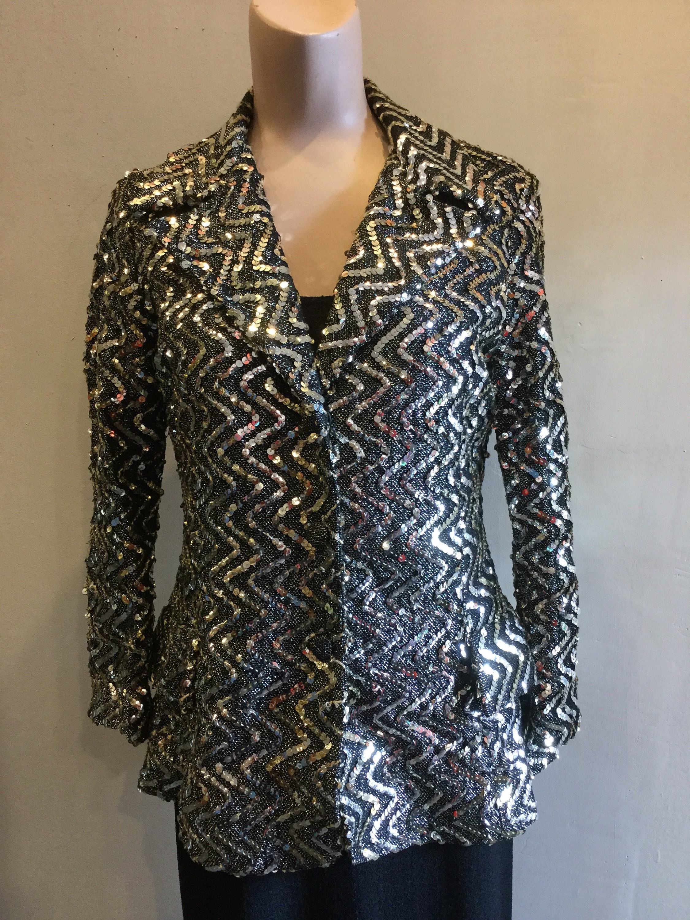 Sequin Zig Zag Jacket Silver Vintage 1970's Wide Collar